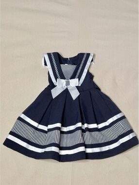 Bonnie Jean Girls 2T Navy Sailor Dress White Stripes Bow Nautical Party